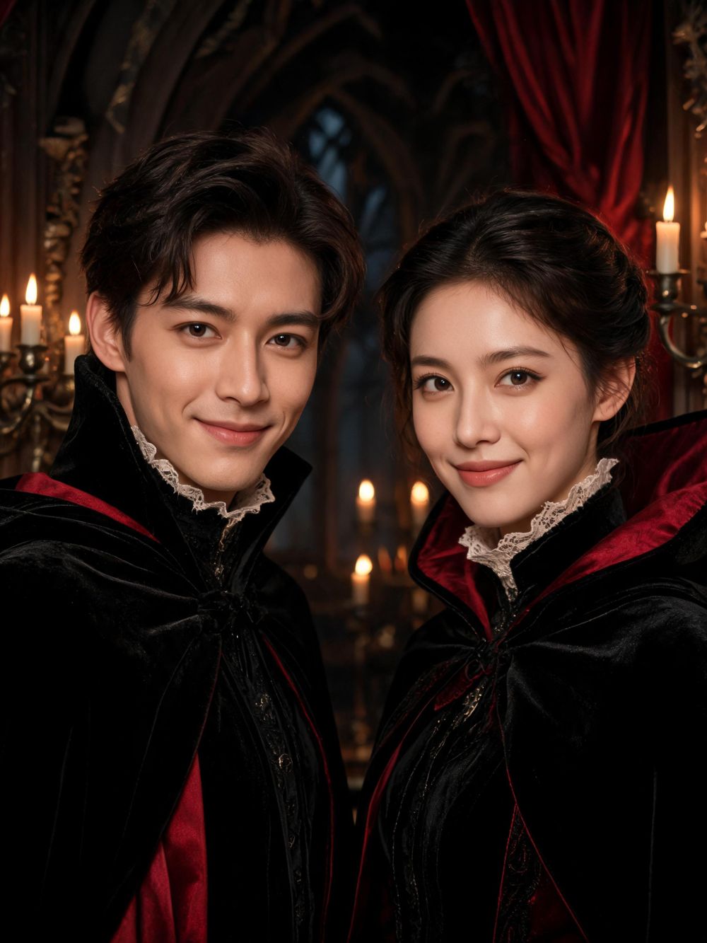 Fictional couple dressed as Victorian vampires in a candlelit mansion