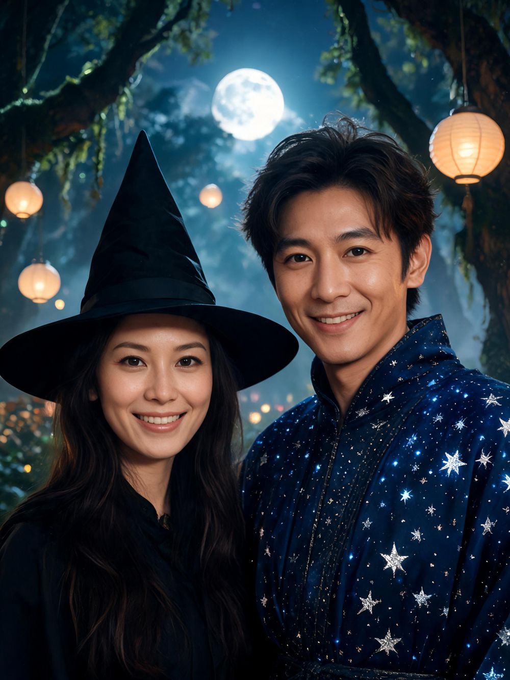 Fictional couple dressed as a witch and a wizard in a moonlit forest